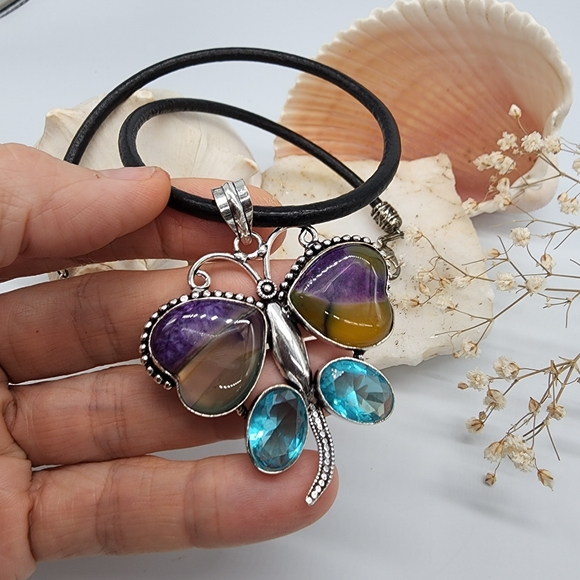 Genuine Agate Stone/Blue Quartz Silver Pendant Leather - Picture 4 of 7